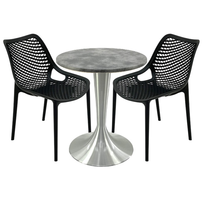 Set mobila, 2 scaune London Air negru suprapozabile cu masa rotunda 70x72cm Raki MAPLE blat werzalit si picior aluminiu 50cm