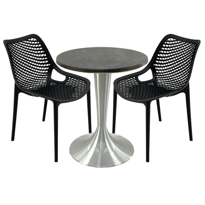 Set mobila, 2 scaune London Air negru suprapozabile cu masa rotunda 70x72cm Raki MAPLE blat werzalit si picior aluminiu 50cm