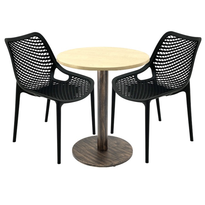 Set mobila de cafenea, 2 scaune London Air negru suprapozabile cu masa rotunda 70x72cm Raki MAPLE blat werzalit si picior metalic,baza rotunda, antichizat