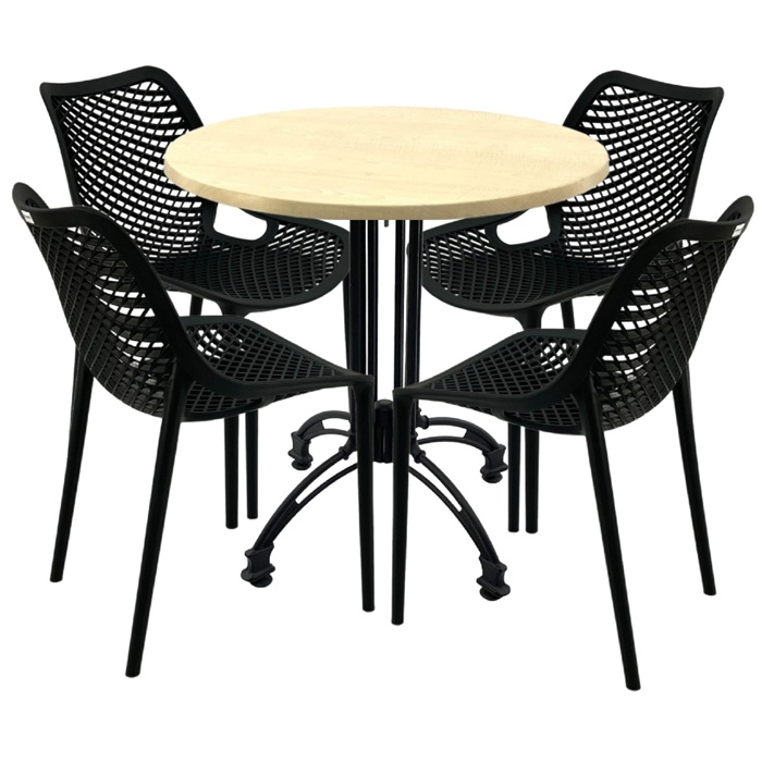 Set mobila de cafenea, masa rotunda 80x72cm Raki MAPLE blat werzalit,4 scaune London Air negru suprapozabile, baza culoare negru, retro