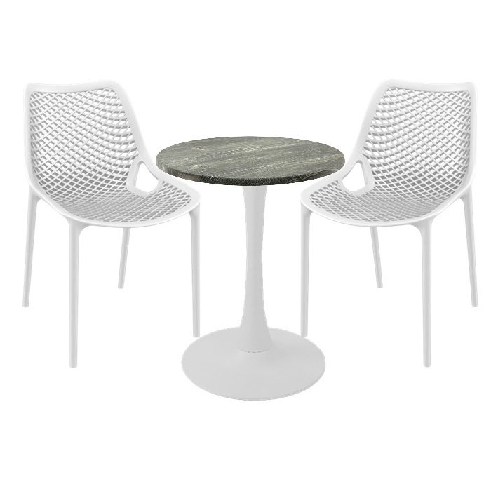 Set mobila de exterior cafenea, 2 scaune London Air albe cu masa rotunda 60x74cm Raki MAPLE blat werzalit si picior cu baza rotunda,alb