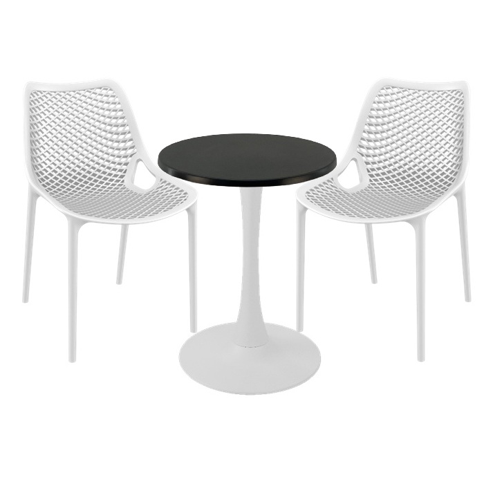 Set mobila de exterior cafenea, 2 scaune London Air albe cu masa rotunda 60x74cm Raki MAPLE blat werzalit si picior cu baza rotunda,alb