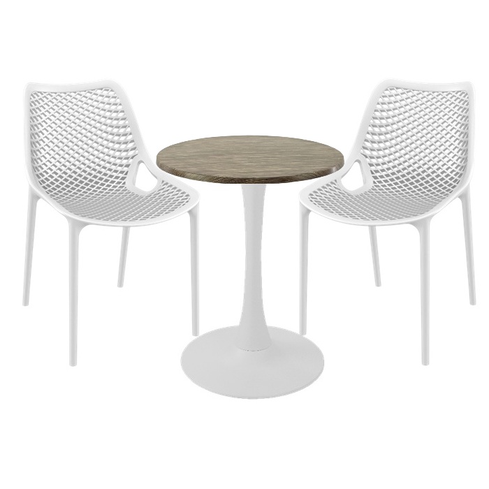 Set mobila de exterior cafenea, 2 scaune London Air albe cu masa rotunda 60x74cm Raki MAPLE blat werzalit si picior cu baza rotunda,alb