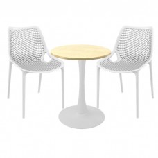 Set mobila de exterior cafenea, 2 scaune London Air albe cu masa rotunda 60x74cm Raki MAPLE blat werzalit si picior cu baza rotunda,alb