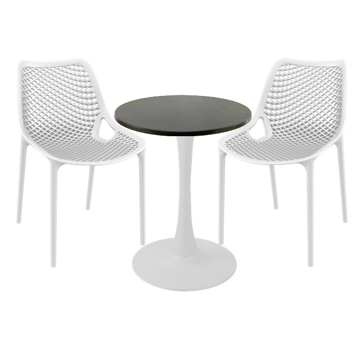 Set mobila de exterior cafenea, 2 scaune London Air albe cu masa rotunda 60x74cm Raki MAPLE blat werzalit si picior cu baza rotunda,alb