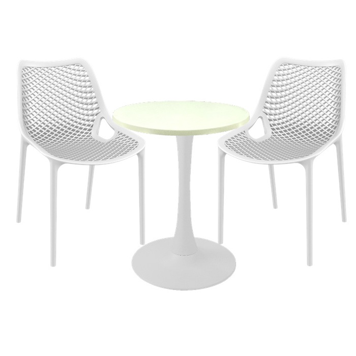 Set mobila de exterior cafenea, 2 scaune London Air albe cu masa rotunda 60x74cm Raki MAPLE blat werzalit si picior cu baza rotunda,alb
