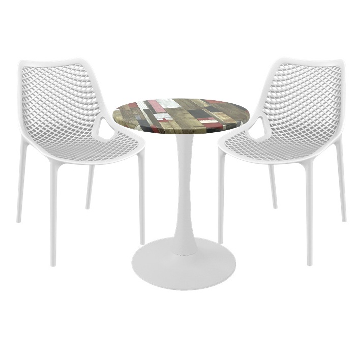 Set mobila de exterior cafenea, 2 scaune London Air albe cu masa rotunda 60x74cm Raki MAPLE blat werzalit si picior cu baza rotunda,alb