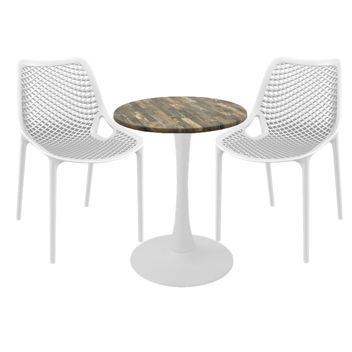 Set mobila de exterior cafenea, 2 scaune London Air albe cu masa rotunda 60x74cm Raki MAPLE blat werzalit si picior cu baza rotunda,alb