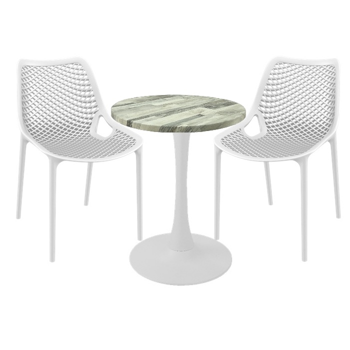 Set mobila de exterior cafenea, 2 scaune London Air albe cu masa rotunda 60x74cm Raki MAPLE blat werzalit si picior cu baza rotunda,alb