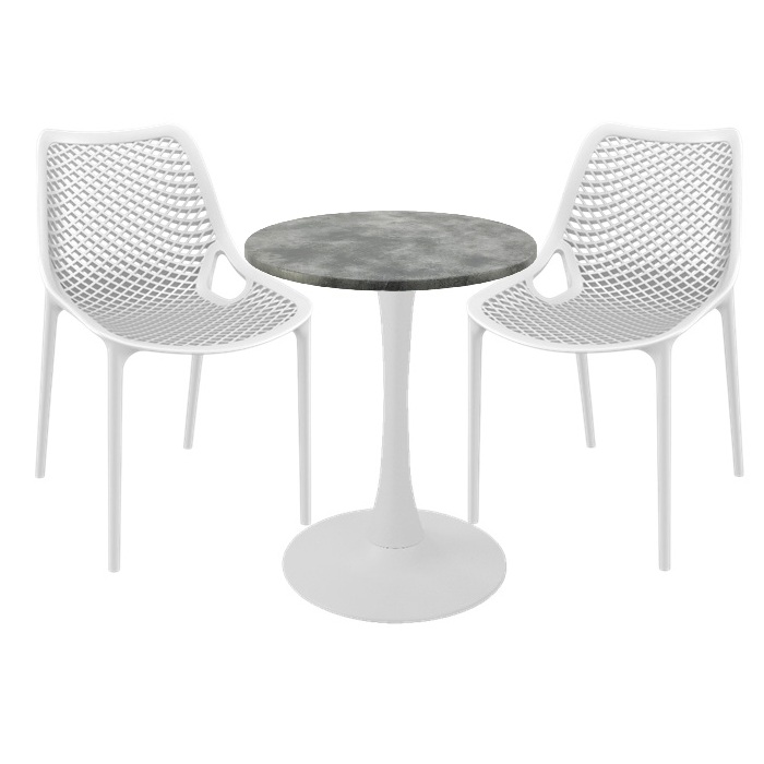 Set mobila de exterior cafenea, 2 scaune London Air albe cu masa rotunda 60x74cm Raki MAPLE blat werzalit si picior cu baza rotunda,alb