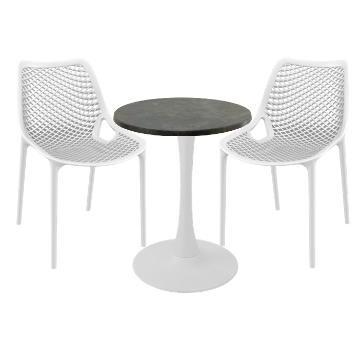 Set mobila de exterior cafenea, 2 scaune London Air albe cu masa rotunda 60x74cm Raki MAPLE blat werzalit si picior cu baza rotunda,alb