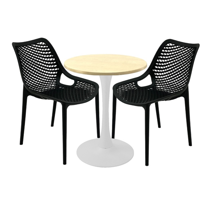 Set mobila de exterior cafenea, 2 scaune London Air negru suprapozabile cu masa rotunda 60x72cm Raki MAPLE blat werzalit si picior cu baza rotunda,alb