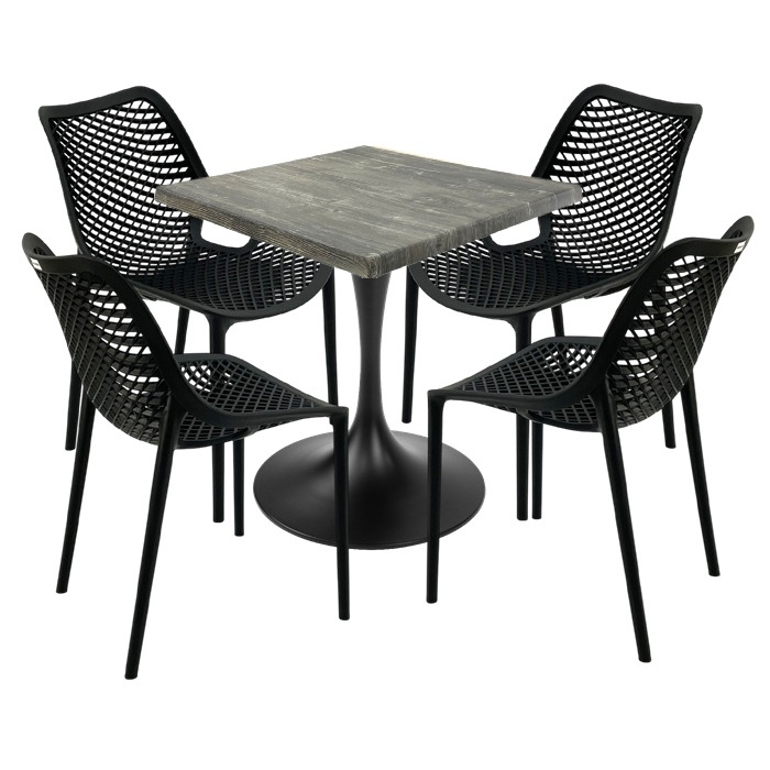 Set mobila de exterior cafenea, 4 scaune London Air negru suprapozabile cu masa patrata 70x70x74cm Raki MAPLE blat werzalit si picior,baza rotunda,negru