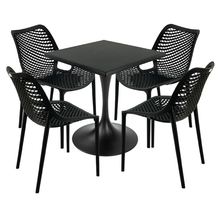 Set mobila de exterior cafenea, 4 scaune London Air negru suprapozabile cu masa patrata 70x70x74cm Raki MAPLE blat werzalit si picior,baza rotunda,negru