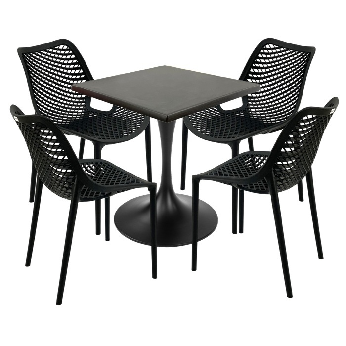 Set mobila de exterior cafenea, 4 scaune London Air negru suprapozabile cu masa patrata 70x70x74cm Raki MAPLE blat werzalit si picior,baza rotunda,negru