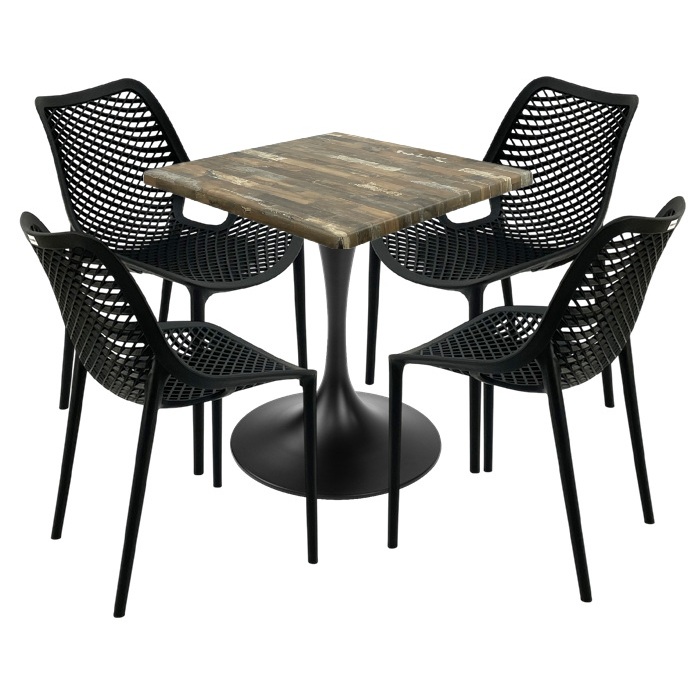 Set mobila de exterior cafenea, 4 scaune London Air negru suprapozabile cu masa patrata 70x70x74cm Raki MAPLE blat werzalit si picior,baza rotunda,negru