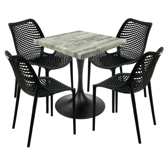 Set mobila de exterior cafenea, 4 scaune London Air negru suprapozabile cu masa patrata 70x70x74cm Raki MAPLE blat werzalit si picior,baza rotunda,negru