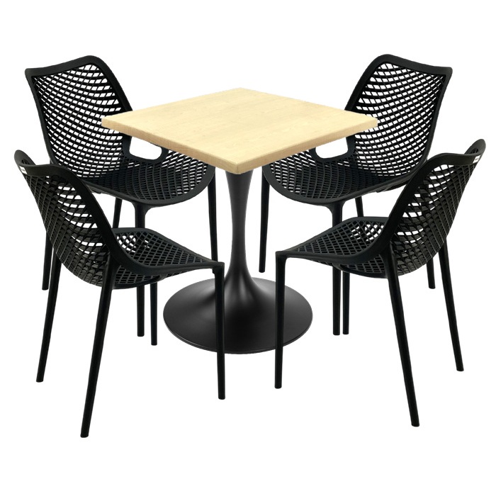 Set mobila de exterior cafenea, 4 scaune London Air negru suprapozabile cu masa patrata 70x70x74cm Raki MAPLE blat werzalit si picior,baza rotunda,negru