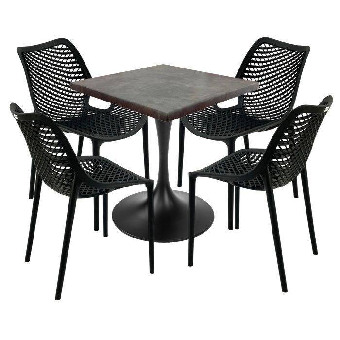Set mobila de exterior cafenea, 4 scaune London Air negru suprapozabile cu masa patrata 70x70x74cm Raki MAPLE blat werzalit si picior,baza rotunda,negru
