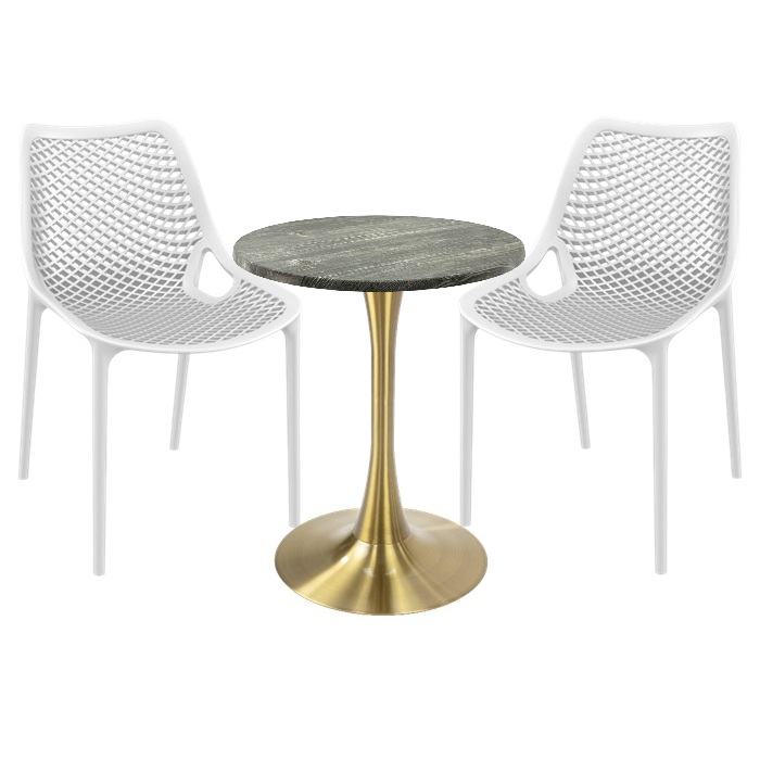 Set mobila de exterior restaurant, 2 scaune London Air albe cu masa rotunda 60x74cm Raki MAPLE blat werzalit si picior cu baza rotunda,auriu