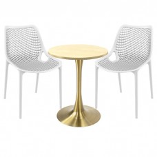 Set mobila de exterior restaurant, 2 scaune London Air albe cu masa rotunda 60x74cm Raki MAPLE blat werzalit si picior cu baza rotunda,auriu