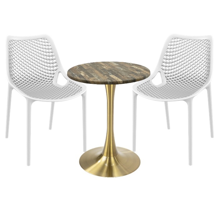 Set mobila de exterior restaurant, 2 scaune London Air albe cu masa rotunda 60x74cm Raki MAPLE blat werzalit si picior cu baza rotunda,auriu
