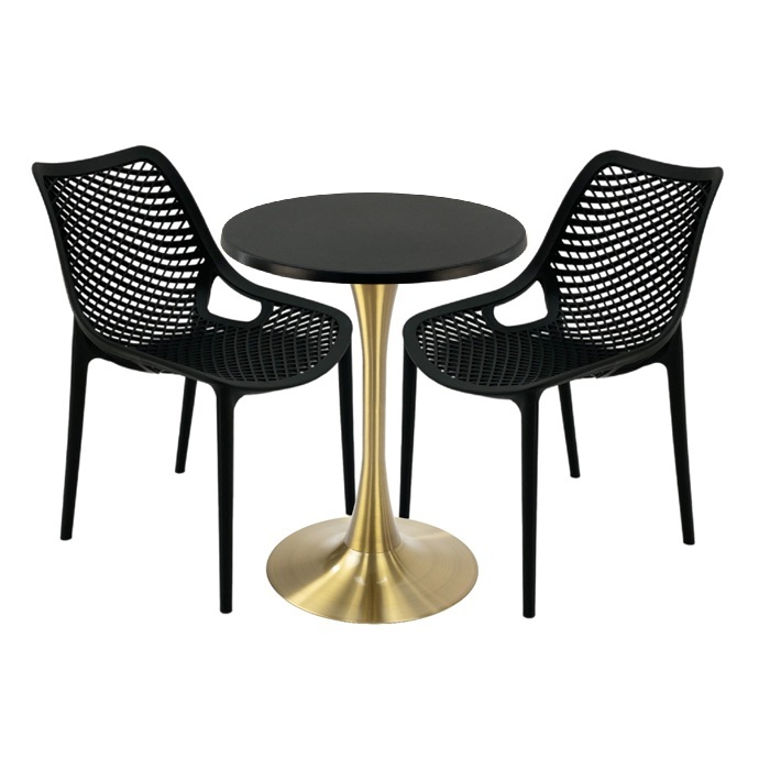 Set mobila de exterior restaurant, 2 scaune London Air negru suprapozabile cu masa rotunda 60x72cm Raki MAPLE blat werzalit si picior cu baza rotunda,auriu