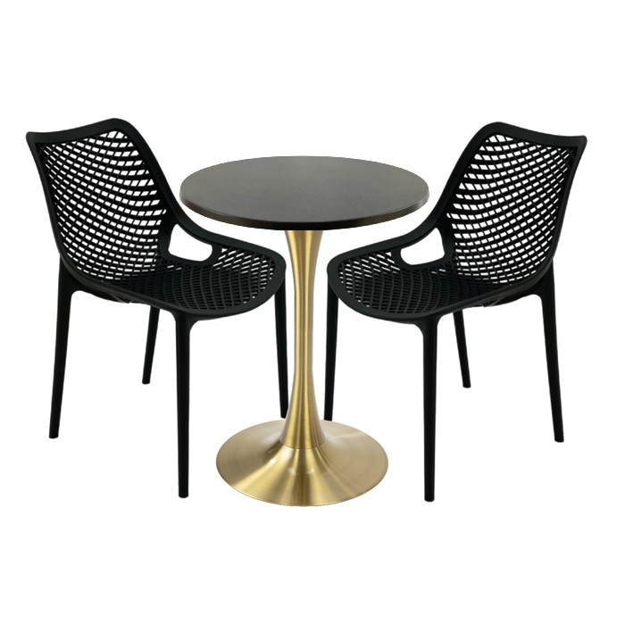 Set mobila de exterior restaurant, 2 scaune London Air negru suprapozabile cu masa rotunda 60x72cm Raki MAPLE blat werzalit si picior cu baza rotunda,auriu