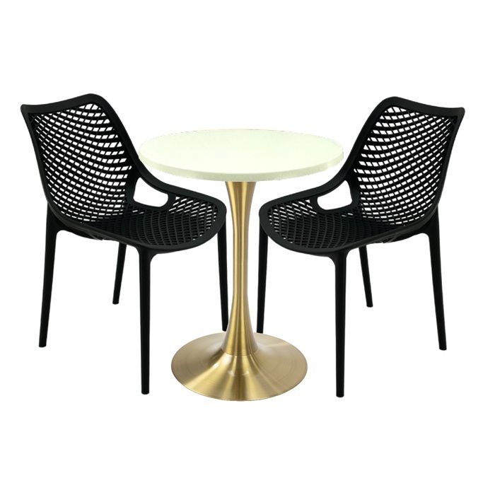Set mobila de exterior restaurant, 2 scaune London Air negru suprapozabile cu masa rotunda 60x72cm Raki MAPLE blat werzalit si picior cu baza rotunda,auriu