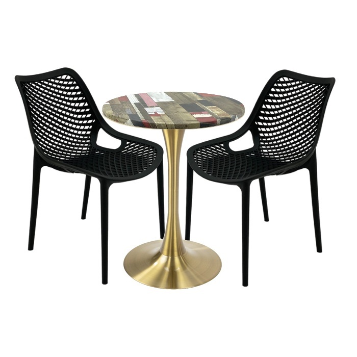 Set mobila de exterior restaurant, 2 scaune London Air negru suprapozabile cu masa rotunda 60x72cm Raki MAPLE blat werzalit si picior cu baza rotunda,auriu