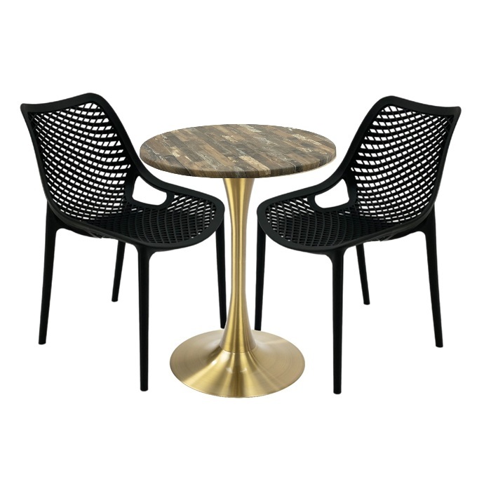 Set mobila de exterior restaurant, 2 scaune London Air negru suprapozabile cu masa rotunda 60x72cm Raki MAPLE blat werzalit si picior cu baza rotunda,auriu