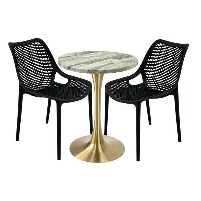 Set mobila de exterior restaurant, 2 scaune London Air negru suprapozabile cu masa rotunda 60x72cm Raki MAPLE blat werzalit si picior cu baza rotunda,auriu