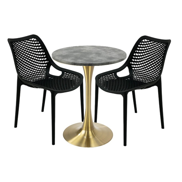 Set mobila de exterior restaurant, 2 scaune London Air negru suprapozabile cu masa rotunda 60x72cm Raki MAPLE blat werzalit si picior cu baza rotunda,auriu