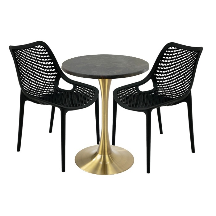 Set mobila de exterior restaurant, 2 scaune London Air negru suprapozabile cu masa rotunda 60x72cm Raki MAPLE blat werzalit si picior cu baza rotunda,auriu