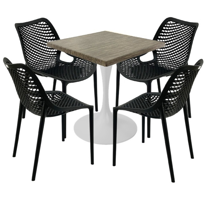 Set mobila de exterior restaurant, 4 scaune London Air negru suprapozabile cu masa patrata 70x70x74cm Raki MAPLE blat werzalit si picior, baza rotunda,alb