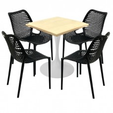 Set mobila de exterior restaurant, 4 scaune London Air negru suprapozabile cu masa patrata 70x70x74cm Raki MAPLE blat werzalit si picior, baza rotunda,alb