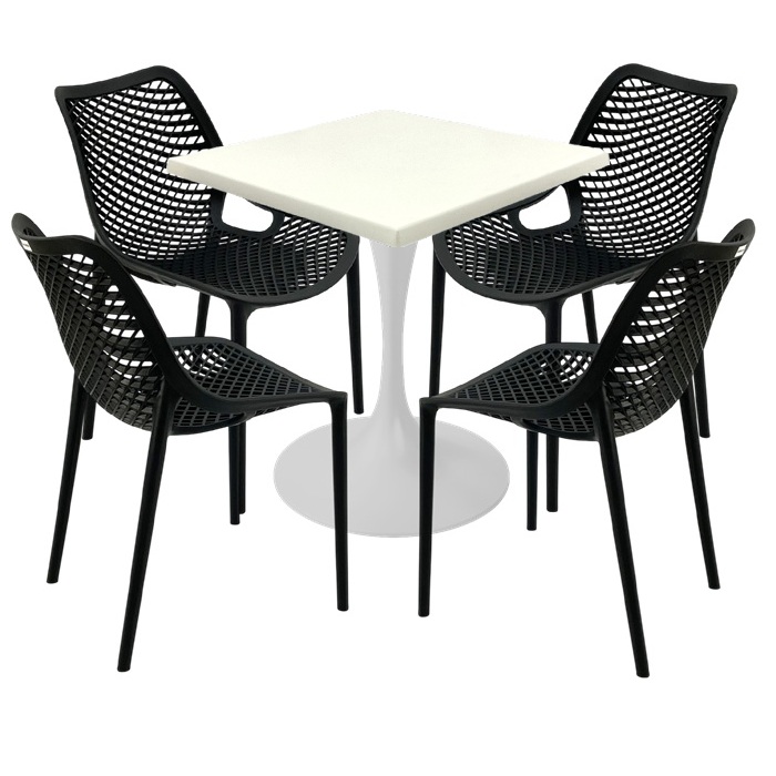 Set mobila de exterior restaurant, 4 scaune London Air negru suprapozabile cu masa patrata 70x70x74cm Raki MAPLE blat werzalit si picior, baza rotunda,alb