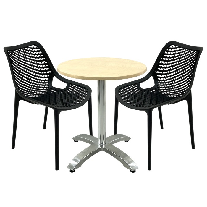 Set mobila de exterior restaurant, masa rotunda 70x72cm Raki MAPLE blat werzalit,2 scaune London Air negru suprapozabile ,picior central  aluminiu