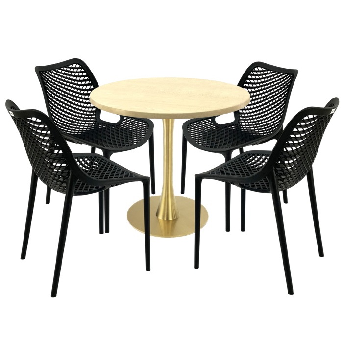 Set mobila de restaurant, 4 scaune London Air negru suprapozabile , masa rotunda 80x74cm Raki MAPLE blat werzalit , picior metalic,baza rotunda,auriu