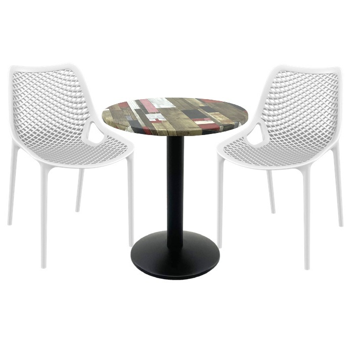 Set mobila de restaurant, masa 70x72cm Raki Maple blat werzalit,2 scaune London Air albe , baza metalica, negru