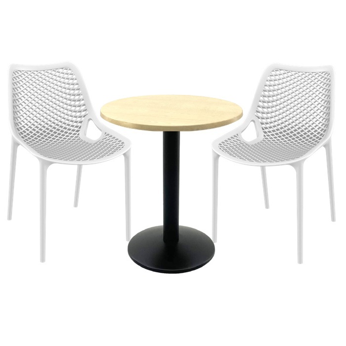 Set mobila de restaurant, masa 70x72cm Raki Maple blat werzalit,2 scaune London Air albe , baza metalica, negru