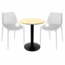 Set mobila de terasa bar, 2 scaune London Air albe cu masa rotunda 60x74cm Raki MAPLE blat werzalit si baza metalica, negru
