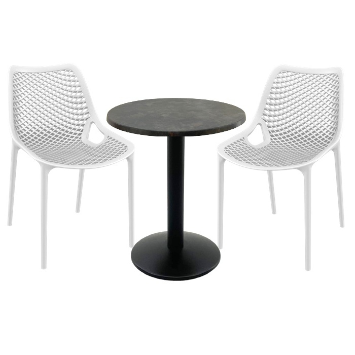 Set mobila de terasa bar, 2 scaune London Air albe cu masa rotunda 60x74cm Raki MAPLE blat werzalit si baza metalica, negru