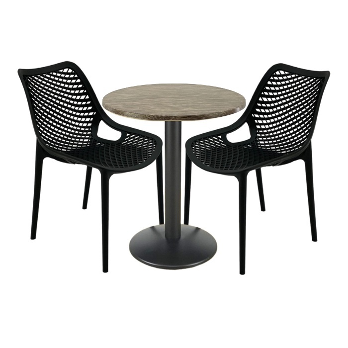 Set mobila de terasa bar, 2 scaune London Air negru suprapozabile cu masa rotunda 60x72cm Raki MAPLE blat werzalit si baza metalica, negru