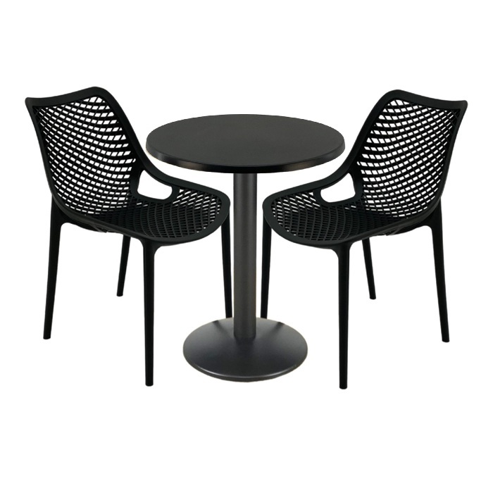 Set mobila de terasa bar, 2 scaune London Air negru suprapozabile cu masa rotunda 60x72cm Raki MAPLE blat werzalit si baza metalica, negru