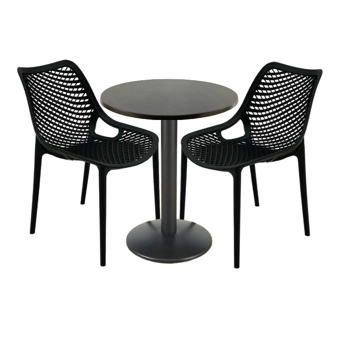 Set mobila de terasa bar, 2 scaune London Air negru suprapozabile cu masa rotunda 60x72cm Raki MAPLE blat werzalit si baza metalica, negru