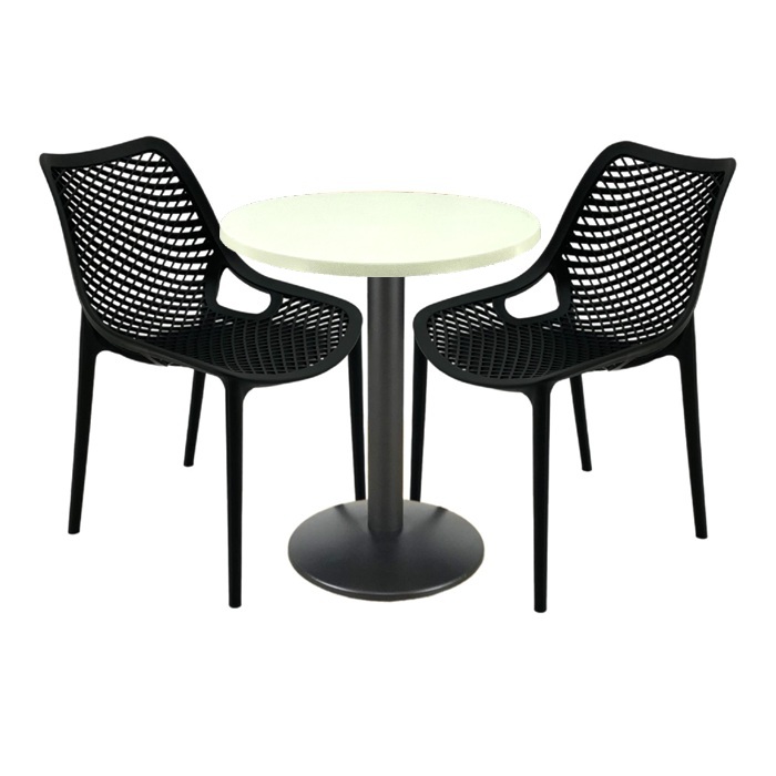 Set mobila de terasa bar, 2 scaune London Air negru suprapozabile cu masa rotunda 60x72cm Raki MAPLE blat werzalit si baza metalica, negru