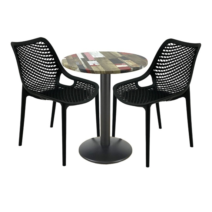 Set mobila de terasa bar, 2 scaune London Air negru suprapozabile cu masa rotunda 60x72cm Raki MAPLE blat werzalit si baza metalica, negru