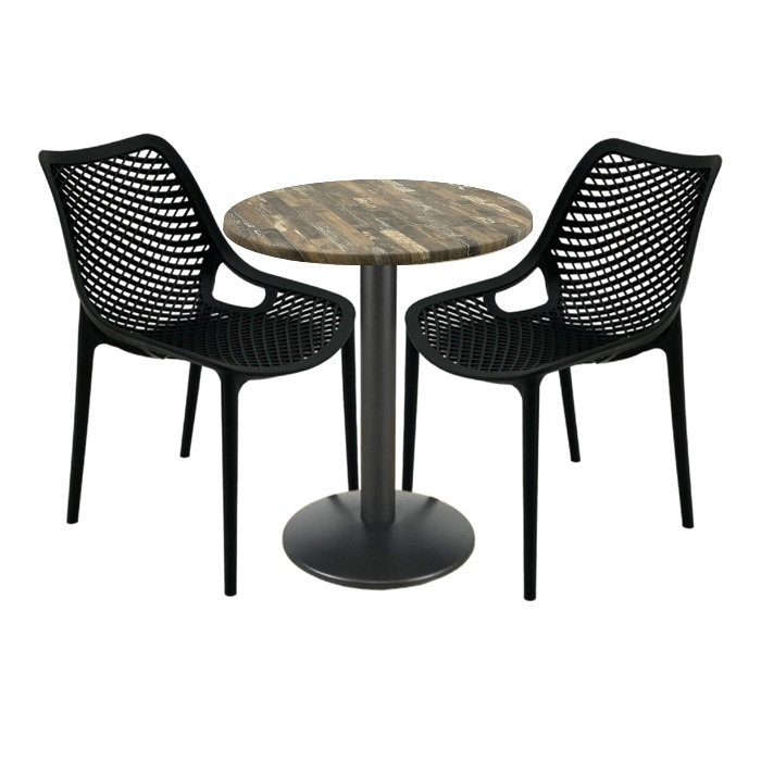 Set mobila de terasa bar, 2 scaune London Air negru suprapozabile cu masa rotunda 60x72cm Raki MAPLE blat werzalit si baza metalica, negru