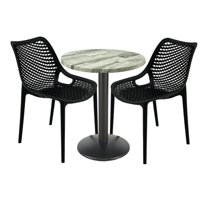 Set mobila de terasa bar, 2 scaune London Air negru suprapozabile cu masa rotunda 60x72cm Raki MAPLE blat werzalit si baza metalica, negru